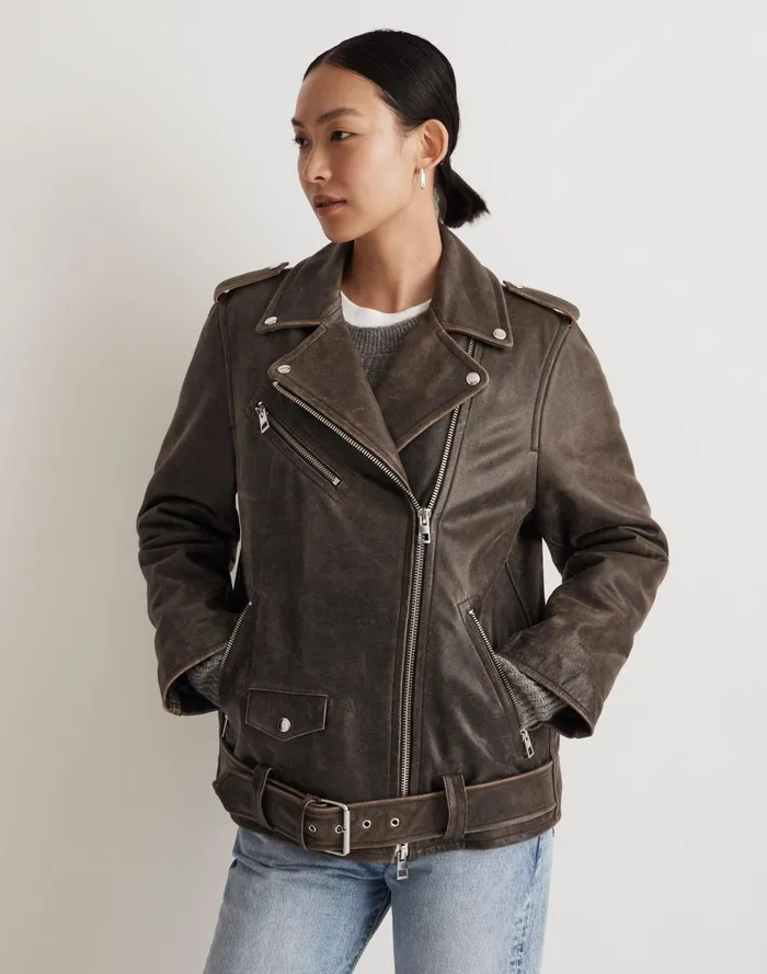 Women Jackets Madewell Distressed Leather Oversized Motorcycle Jacket