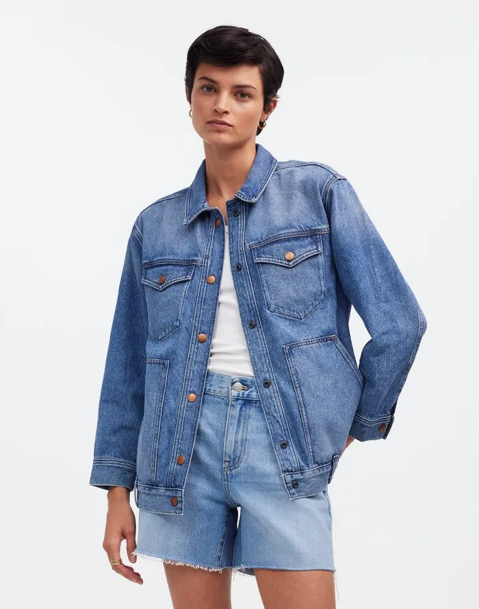 Women Jackets Madewell The Oversized Trucker Jean Jacket In Sentell Wash SnapFront Edition