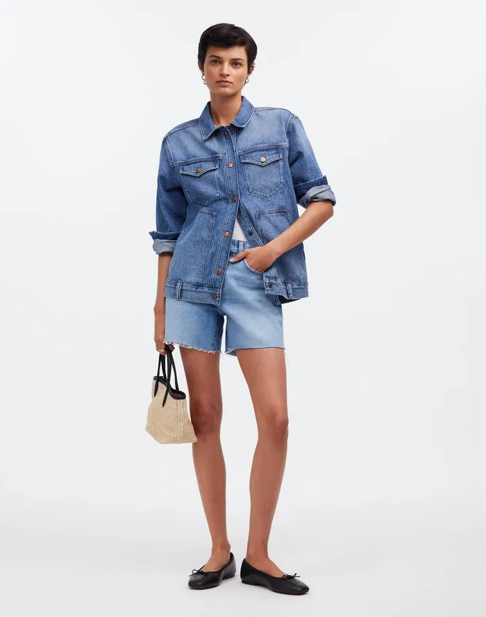 Women Jackets Madewell The Oversized Trucker Jean Jacket In Sentell Wash SnapFront Edition