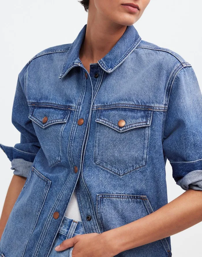 Women Jackets Madewell The Oversized Trucker Jean Jacket In Sentell Wash SnapFront Edition