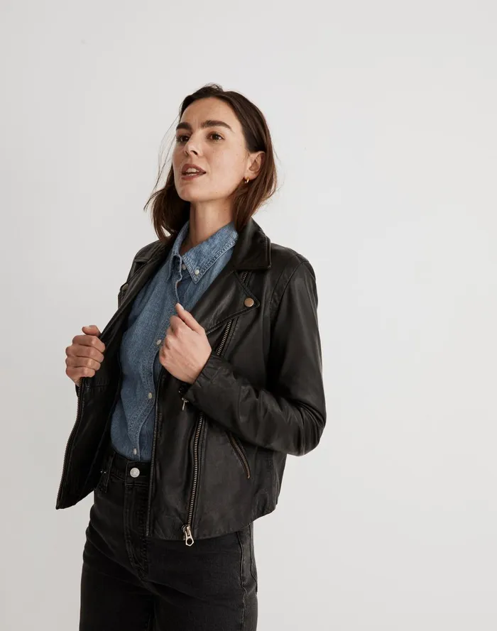 Women Jackets Madewell Washed Leather Motorcycle Jacket Brass Hardware Edition