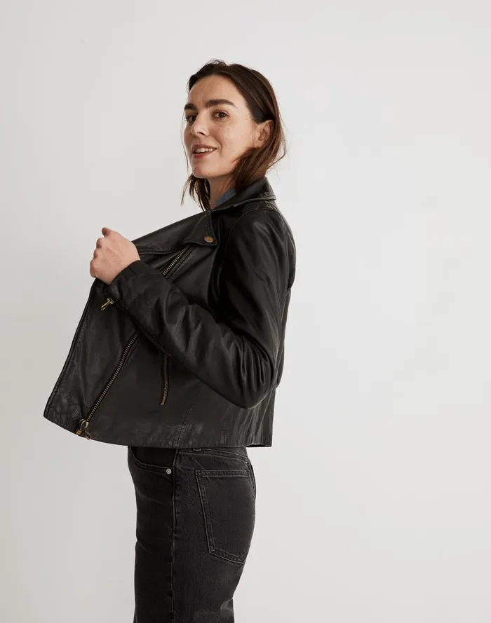Women Jackets Madewell Washed Leather Motorcycle Jacket Brass Hardware Edition