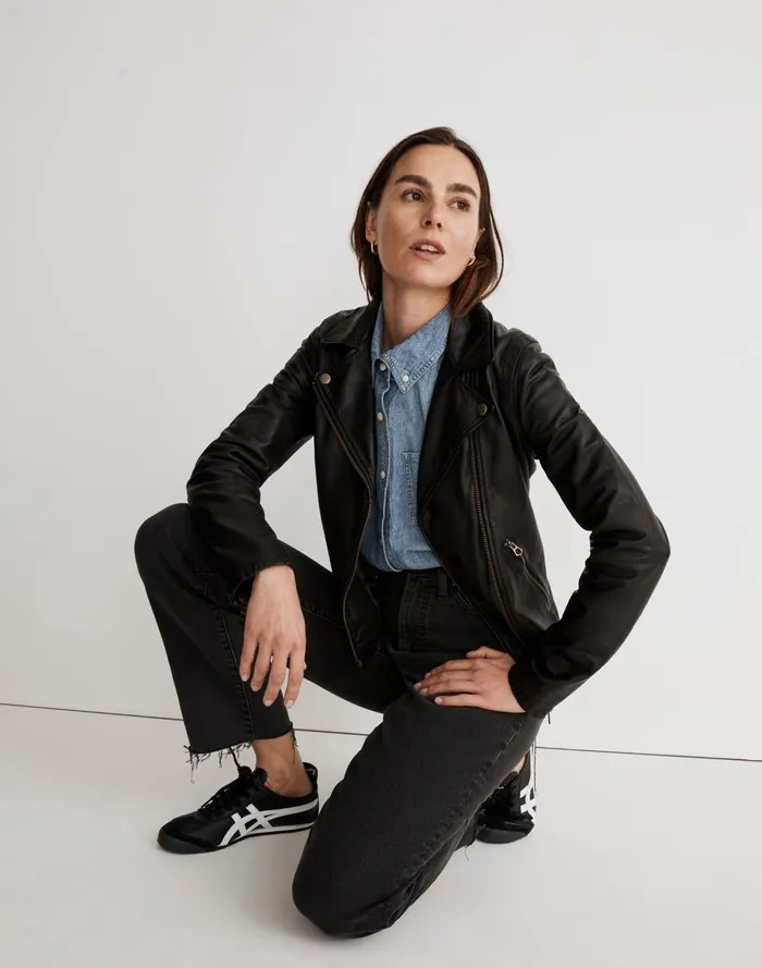 Women Jackets Madewell Washed Leather Motorcycle Jacket Brass Hardware Edition