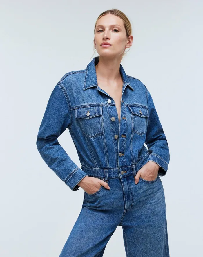Women Jeans Madewell Denim WideLeg Coverall Jumpsuit In Byrne Wash