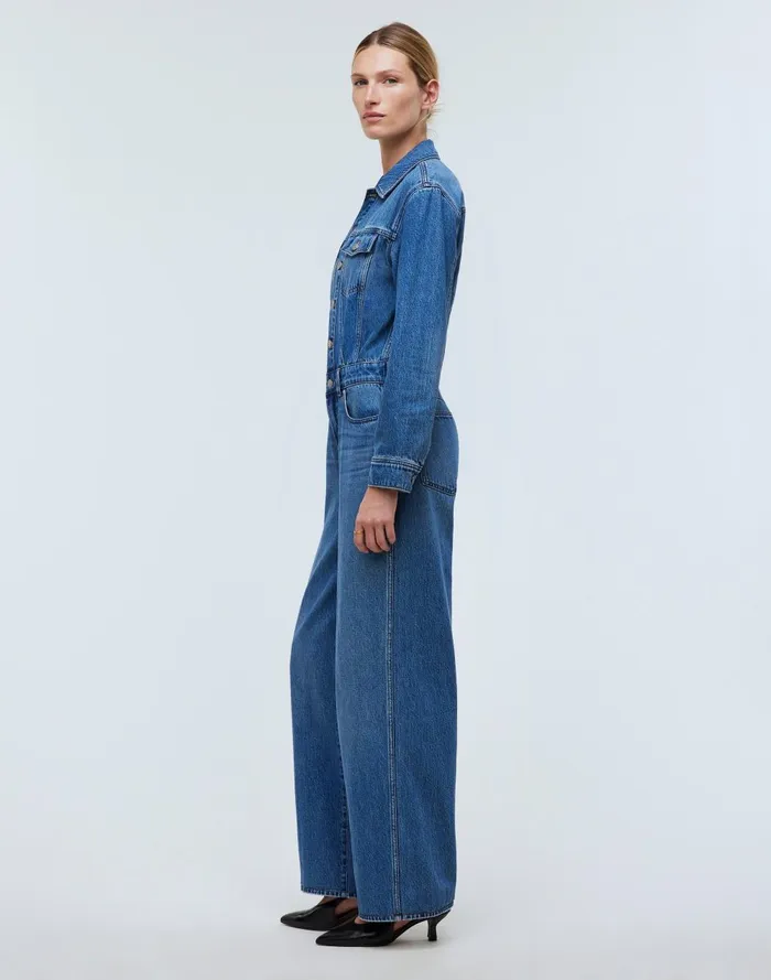 Women Jeans Madewell Denim WideLeg Coverall Jumpsuit In Byrne Wash