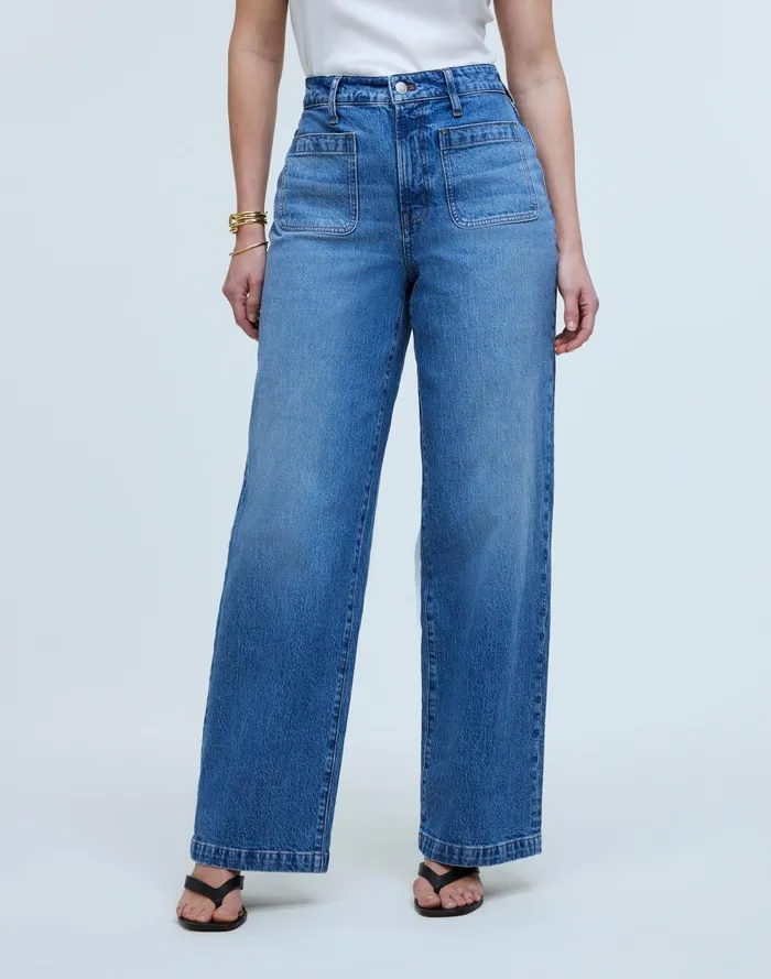 Women Jeans Madewell The Curvy Emmett WideLeg Jean In Lakecourt Wash Patch Pocket Edition