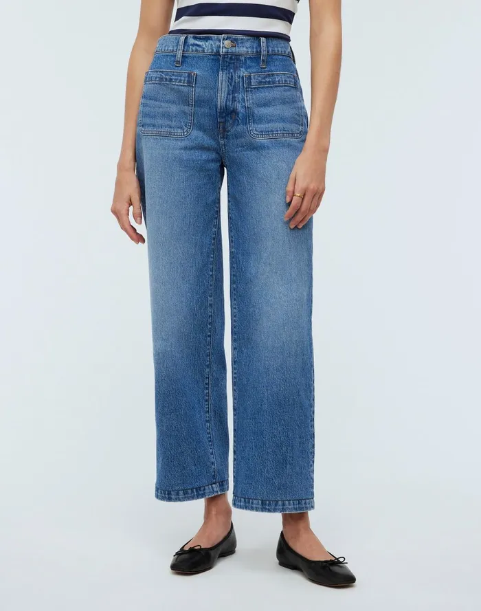 Women Jeans Madewell The Emmett WideLeg Full Length Jean Patch Pocket Edition
