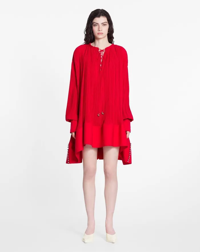 Women Lanvin Dresses Flared Pleated Dress Flame Women Lanvin Dresses Flared Pleated Dress Flame