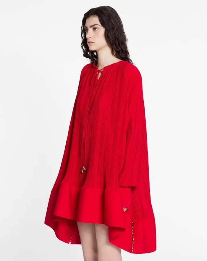 Women Lanvin Dresses Flared Pleated Dress Flame Women Lanvin Dresses Flared Pleated Dress Flame