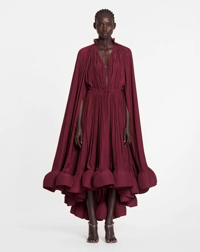 Women Lanvin Dresses Long Ruffle Dress In Charmeuse Burgundy