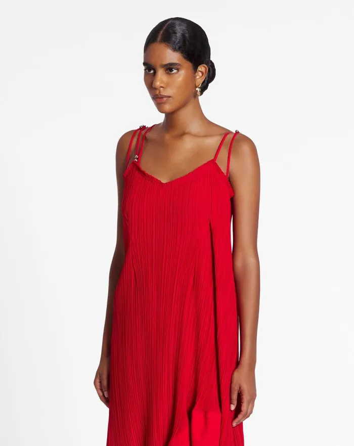 Women Lanvin Dresses Pleated Dress With Straps Flame Women Lanvin Dresses Pleated Dress With Straps Flame