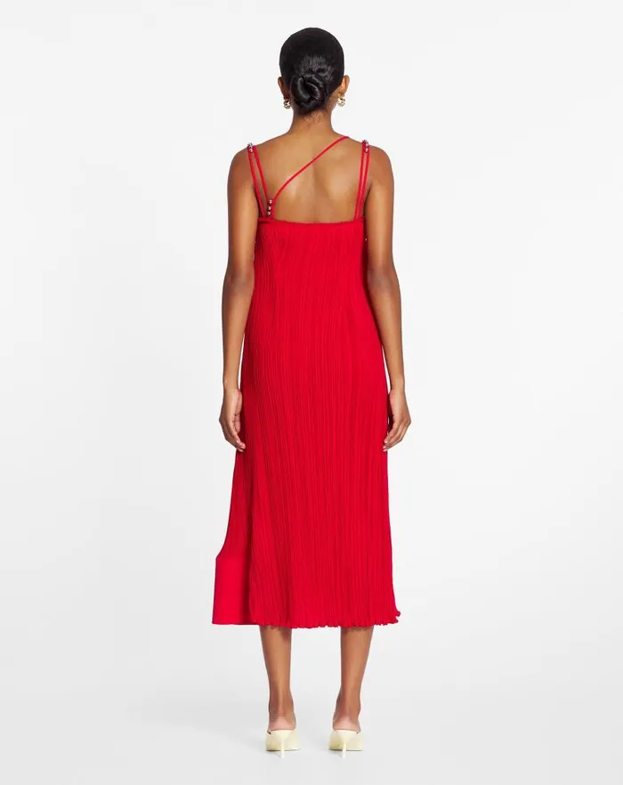 Women Lanvin Dresses Pleated Dress With Straps Flame Women Lanvin Dresses Pleated Dress With Straps Flame