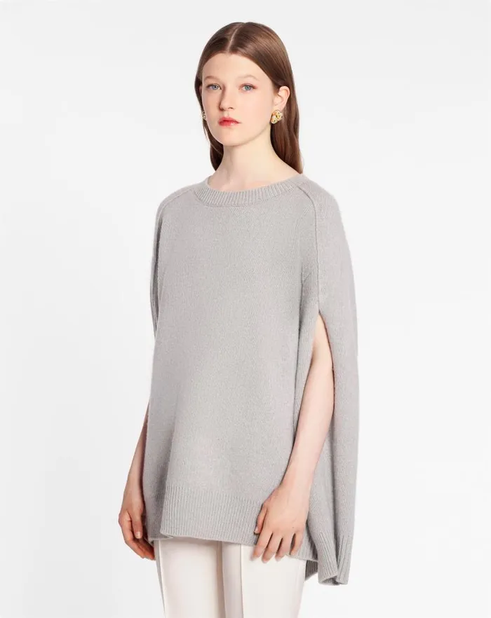Women Lanvin Knitwear Round Neck Cape Back Jumper In Wool And Cashmere Light Grey