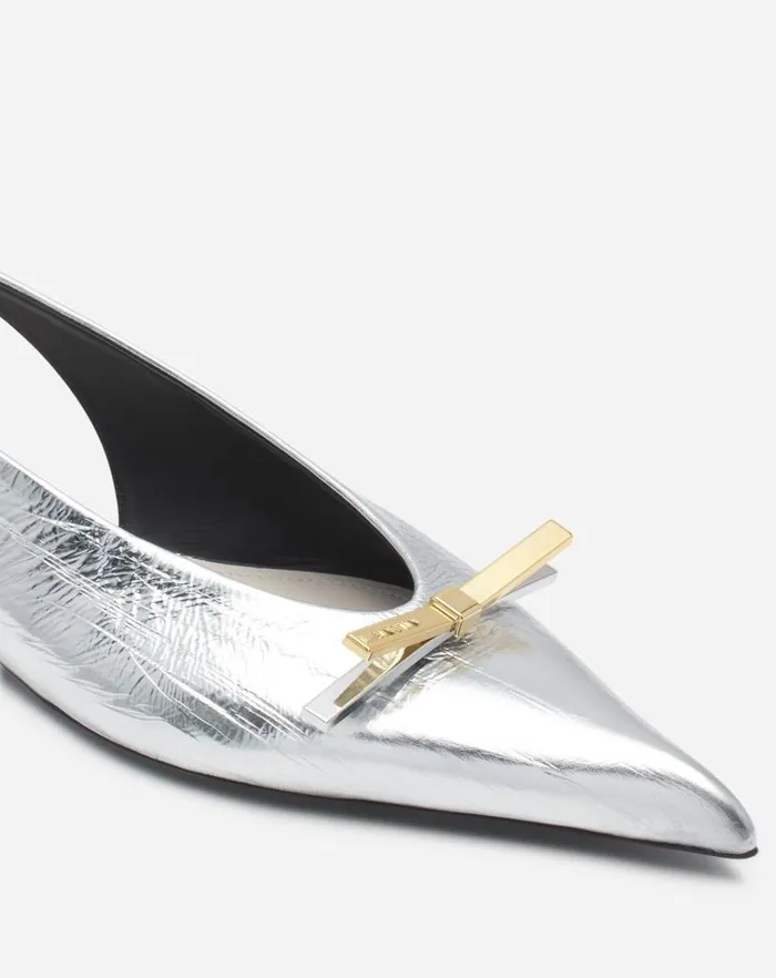 Women Lanvin Loafers Lanvin Bow Slingback In Metallic Leather Silver Women Lanvin Loafers Lanvin Bow Slingback In Metallic Leather Silver