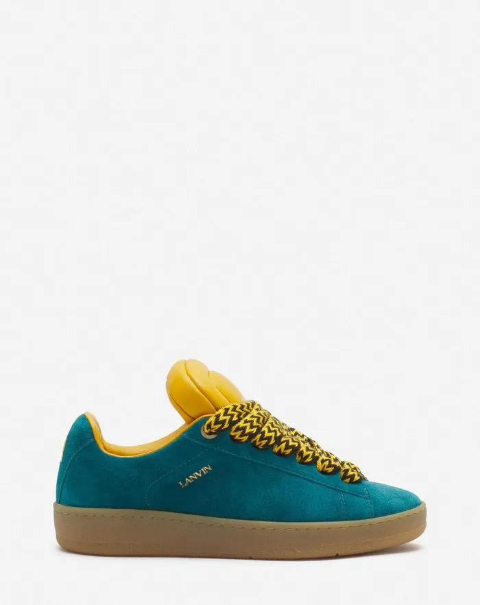 Women Lanvin Sneakers Lanvin X Future Hyper Curb Sneakers In Leather And Suede For Women Dark Blueyellow