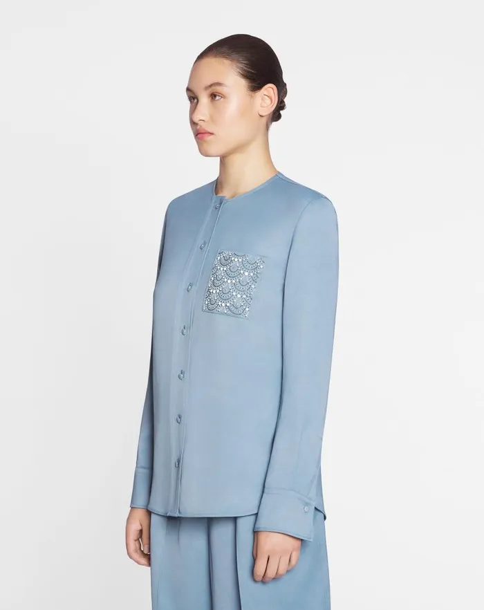Women Lanvin Tops Collarless Shirt With Embroidered Pocket Lunar Women Lanvin Tops Collarless Shirt With Embroidered Pocket Lunar