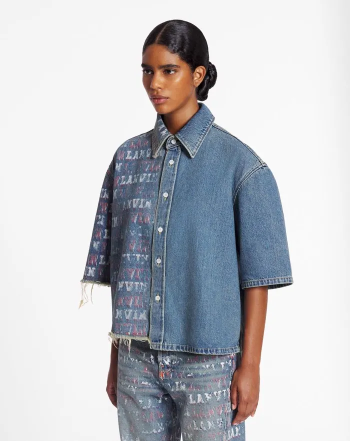 Women Lanvin Tops Lanvin X Future Unisex Asymmetrical Printed Shirt Light Blue Women Lanvin Tops Lanvin X Future Unisex Asymmetrical Printed Shirt Light Blue