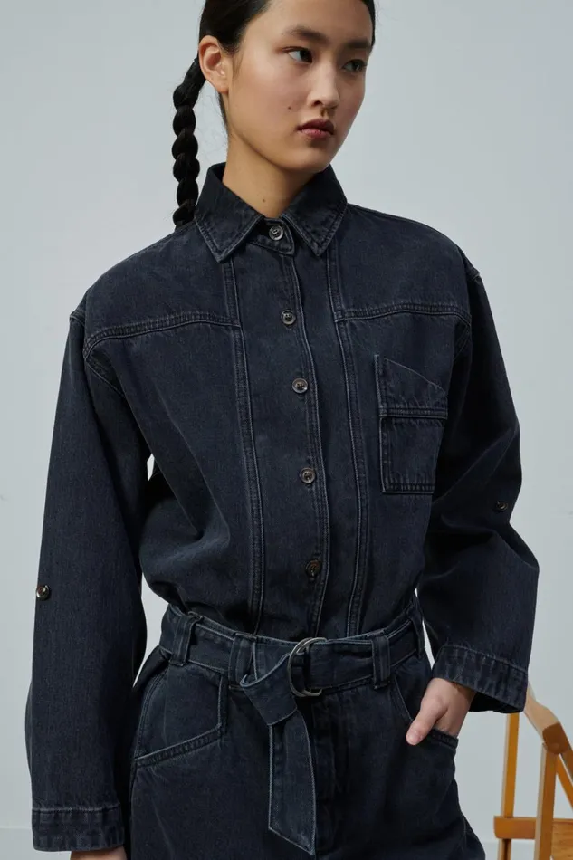 Women LION SHIRT Washed Black Denim Soeur Shirts