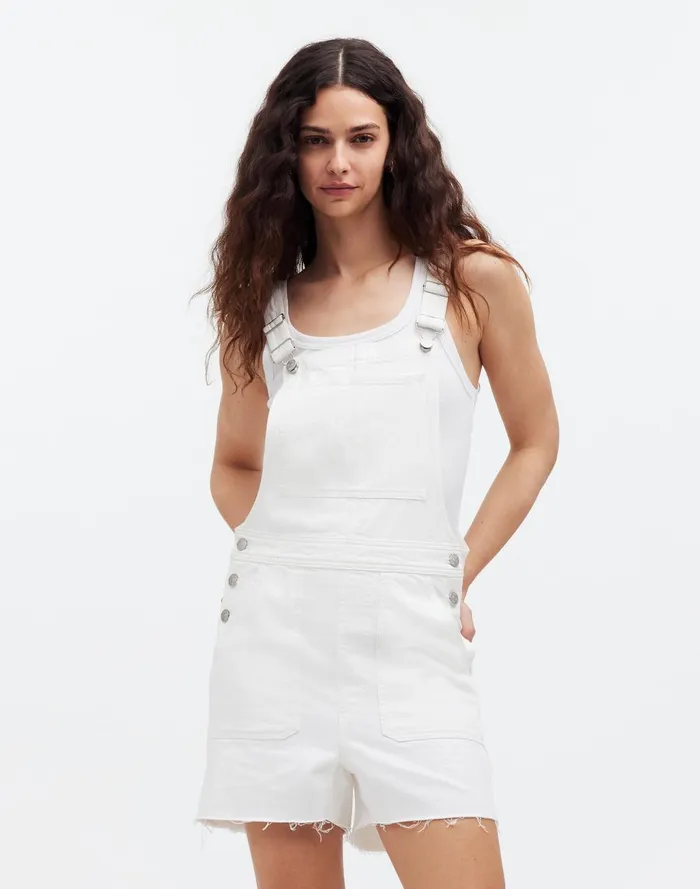 Women Shorts Madewell Denim Oversized Carpenter Shortalls In Tile White Raw Hem Edition