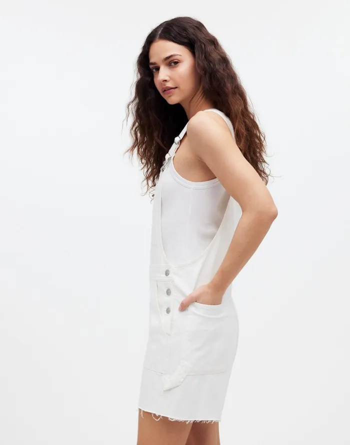 Women Shorts Madewell Denim Oversized Carpenter Shortalls In Tile White Raw Hem Edition