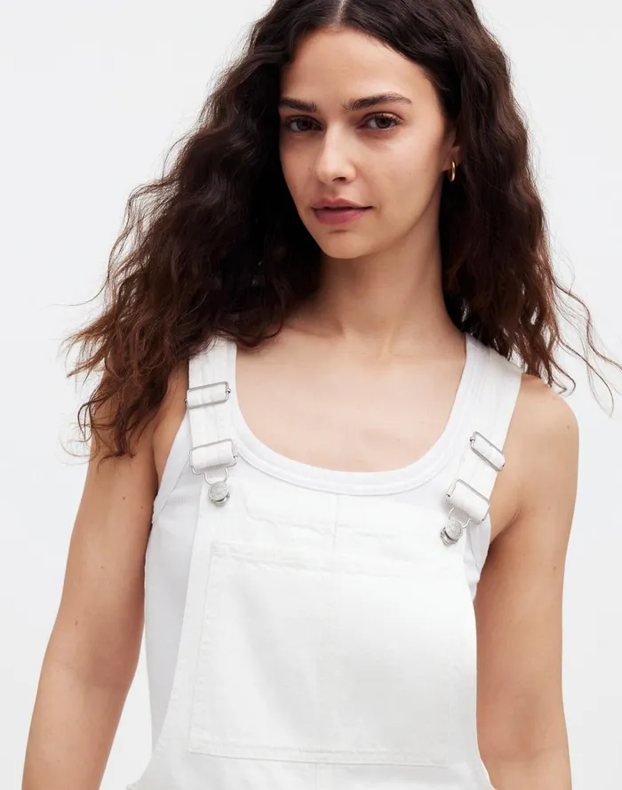 Women Shorts Madewell Denim Oversized Carpenter Shortalls In Tile White Raw Hem Edition