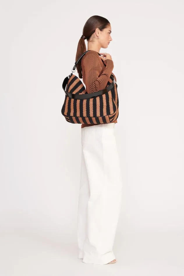 Women Shoulder STAUD STAUD PERRY HOBO BAG BLACK TAN SEASHORE STRIPE Women Shoulder STAUD STAUD PERRY HOBO BAG BLACK TAN SEASHORE STRIPE