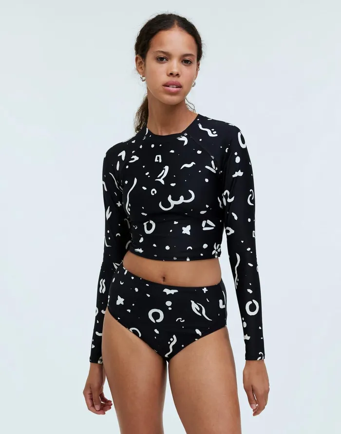 Women Swim Madewell LongSleeve Crop Rash Guard In Abstract Doodle