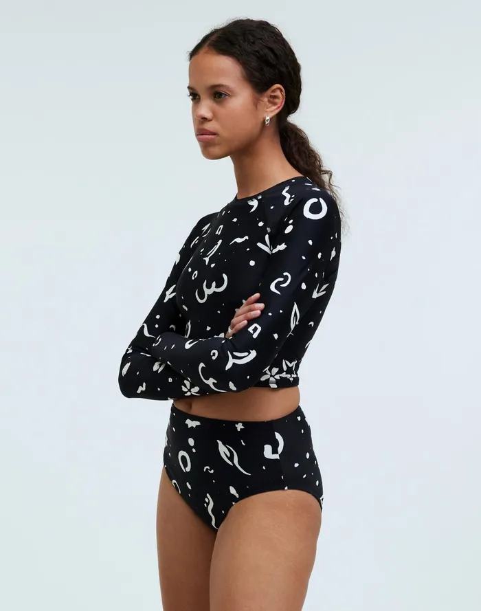 Women Swim Madewell LongSleeve Crop Rash Guard In Abstract Doodle