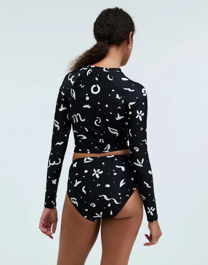 Women Swim Madewell LongSleeve Crop Rash Guard In Abstract Doodle