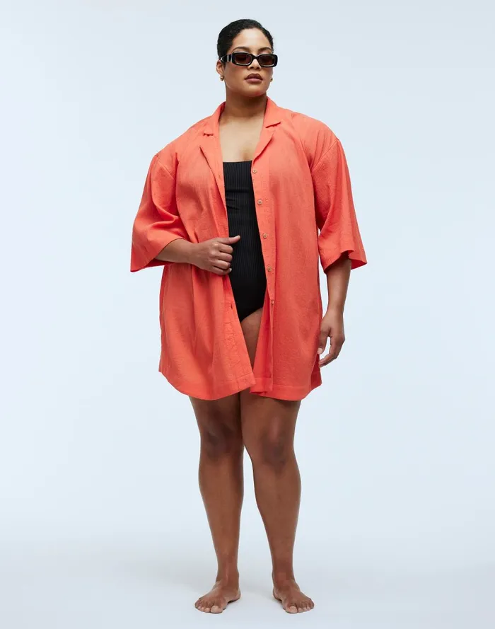 Women Swim Madewell Plus Crinkle Cotton CoverUp Mini Shirtdress
