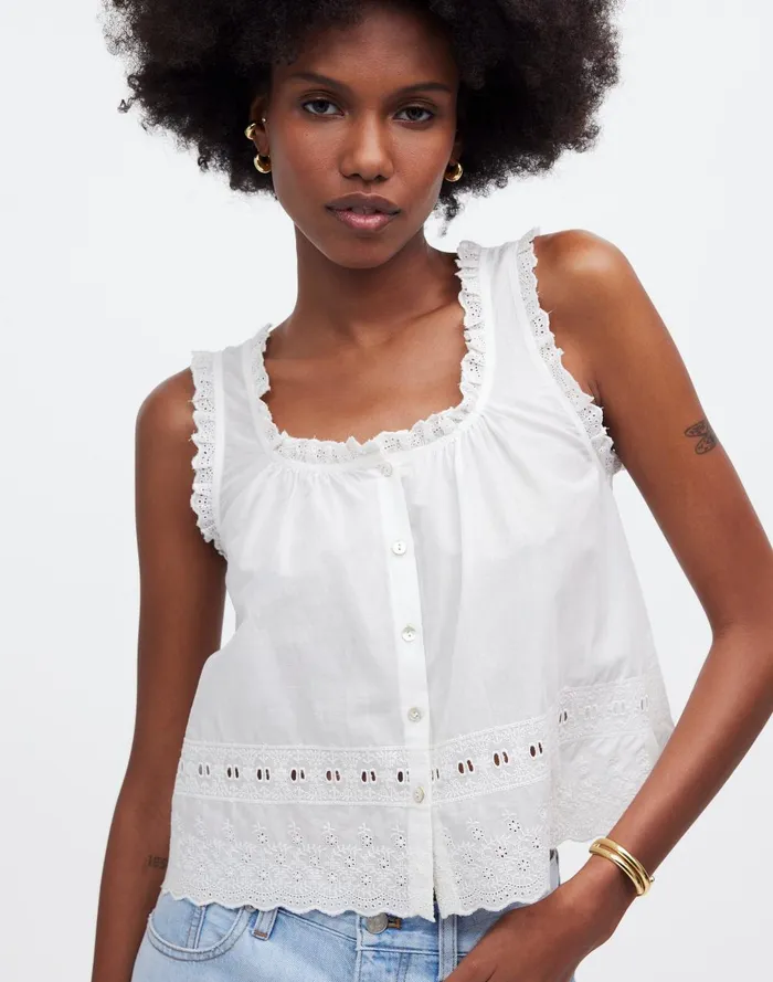 Women Tops and Shirts Madewell Embroidered RuffleTrim Top