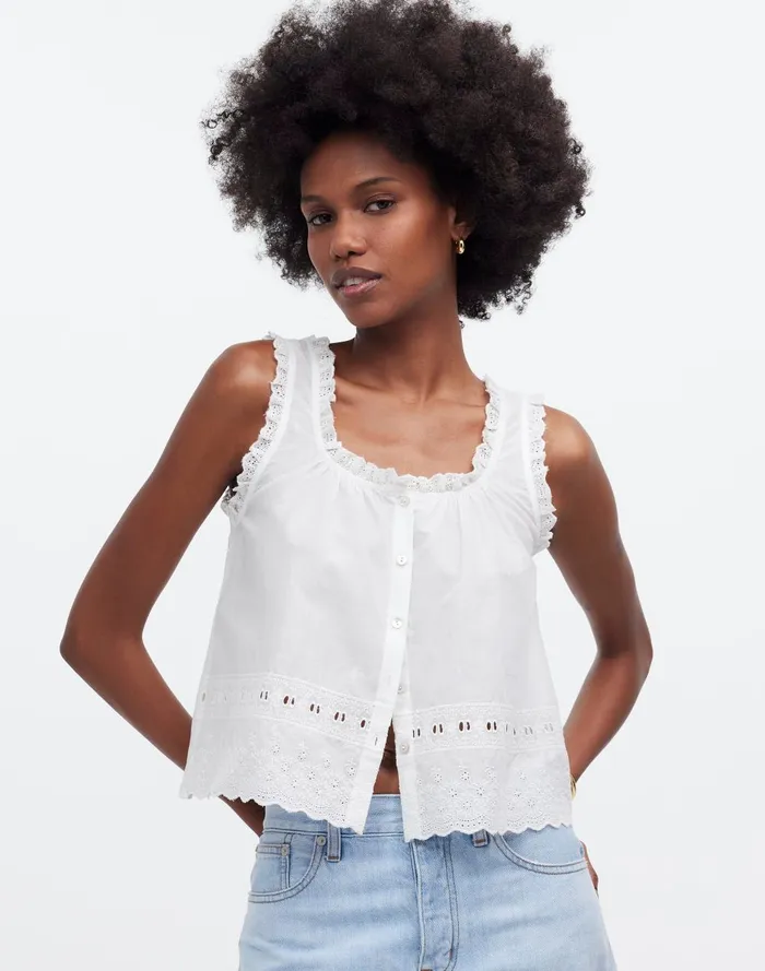 Women Tops and Shirts Madewell Embroidered RuffleTrim Top