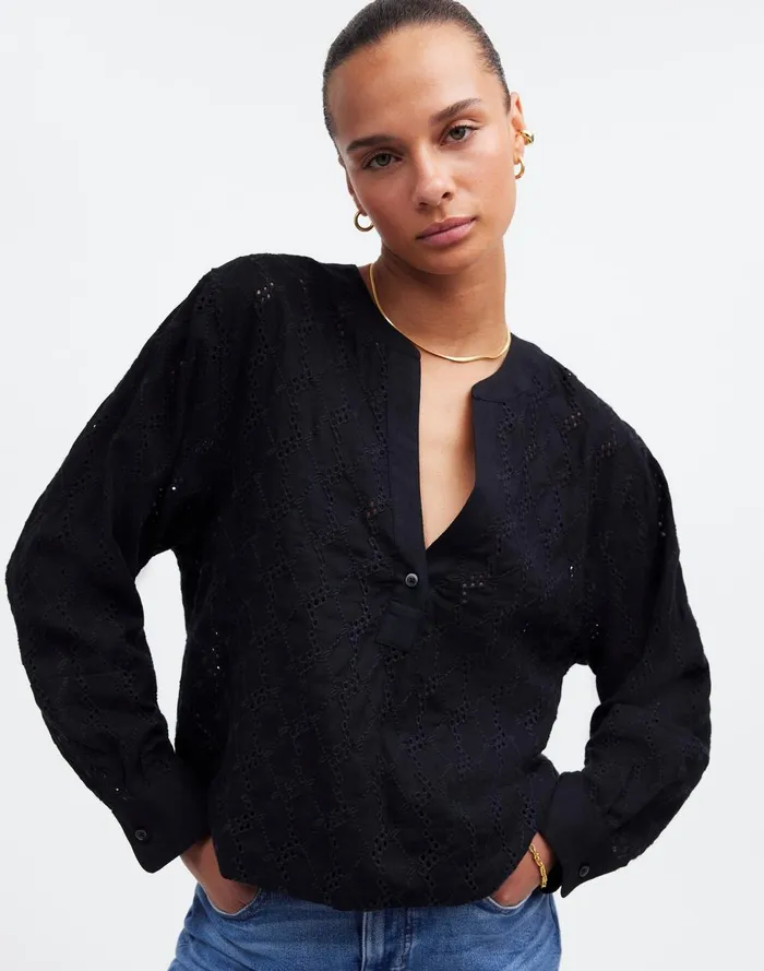 Women Tops and Shirts Madewell LongSleeve Popover Top In Eyelet