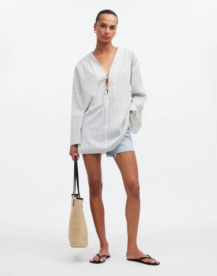 Women Tops and Shirts Madewell TieNeck CoverUp Tunic In Stripe