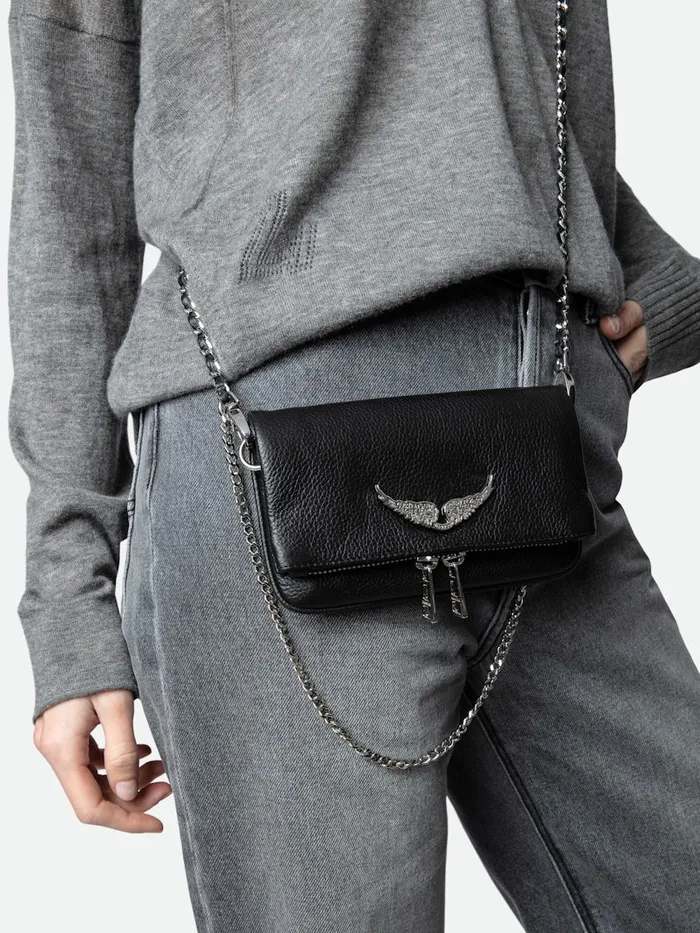 Women Zadig and Voltaire Clutches Swing Your Wings Rock Nano Clutch Noir Silver