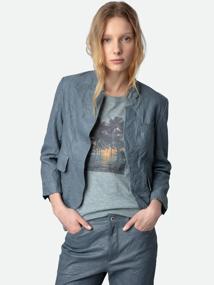 Women Zadig and Voltaire Jackets and Coats Verys Crinkled Leather Blazer Light Blue
