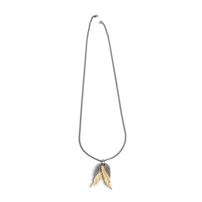 Women Zadig and Voltaire Jewelry Rock Feather Pendant Necklace Old Gold