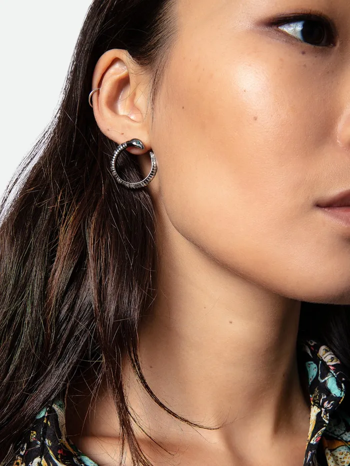 Women Zadig and Voltaire Jewelry Snake Hoop Earrings Shiny Silver
