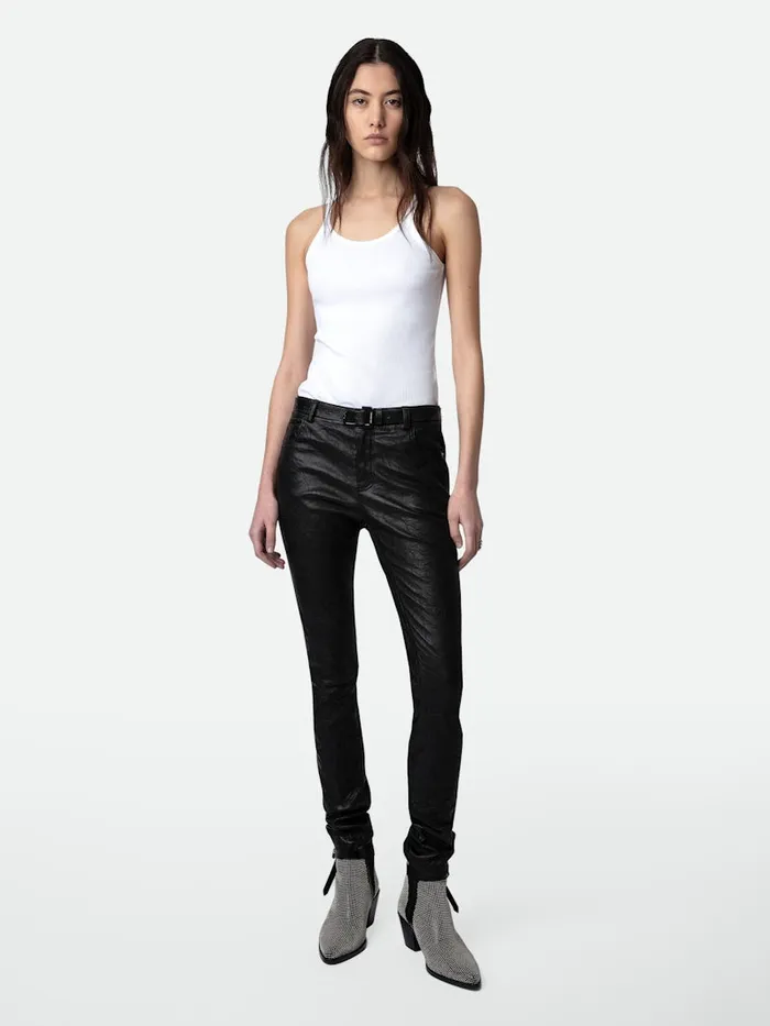 Women Zadig and Voltaire Leather Phlame Crinkled Leather Pants Black