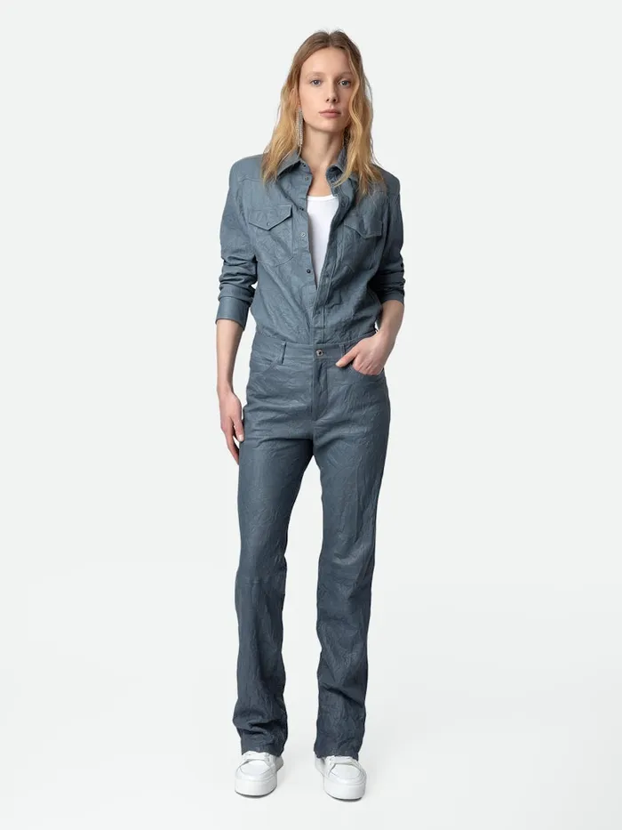 Women Zadig and Voltaire Leather Pistol Crinkled Leather Pants Light Blue