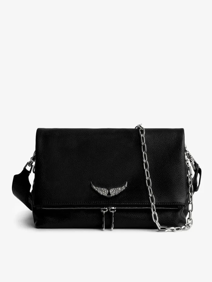 Women Zadig and Voltaire Leather Swing Your Wings Rocky Bag Noir Silver
