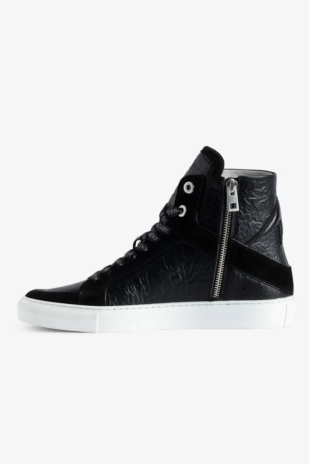 Women Zadig and Voltaire Sneakers ZV1747 High Flash HighTop Crinkled Sneakers Black