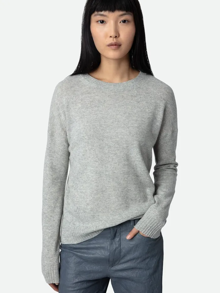 Women Zadig and Voltaire Sweaters and Cardigans Cici Patch Cashmere Sweater Gris Chine Clair