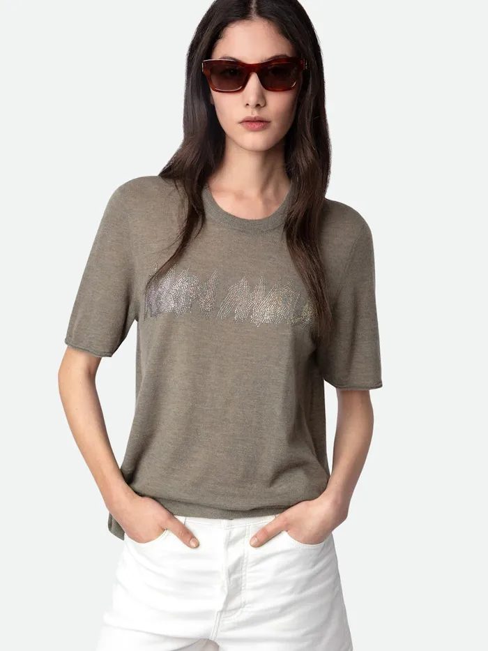 Women Zadig and Voltaire Sweaters and Cardigans Ida Mon Amour Diamant Cashmere Sweater Kaki Clair