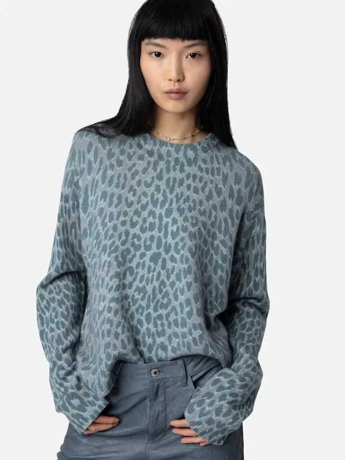 Women Zadig and Voltaire Sweaters and Cardigans Markus Leopard Cashmere Sweater Nuage