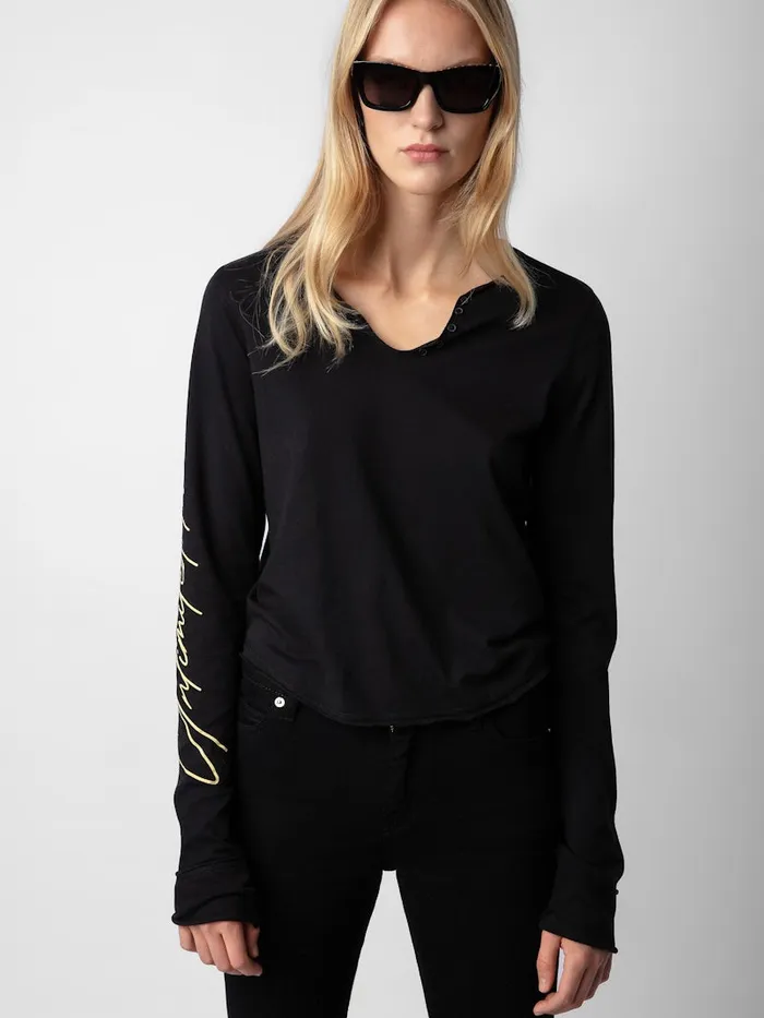 Women Zadig and Voltaire TShirts Crop Concert Crush Henley Top Black