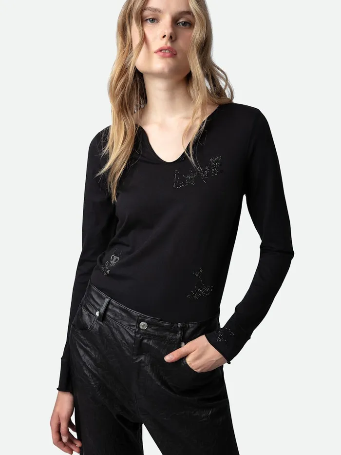 Women Zadig and Voltaire TShirts Diamant Henley Top Black