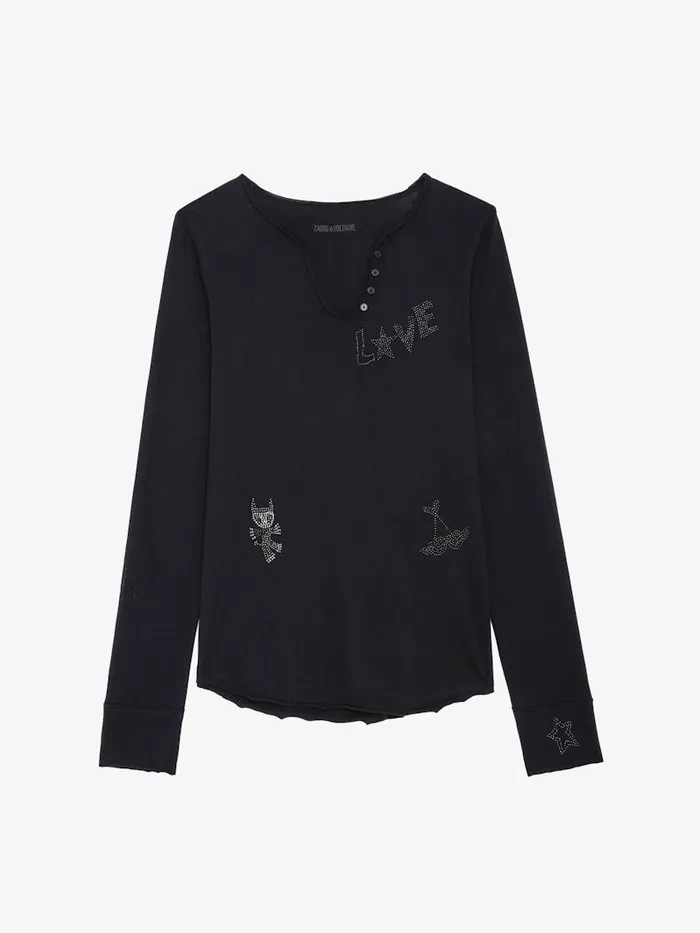 Women Zadig and Voltaire TShirts Diamant Henley Top Black