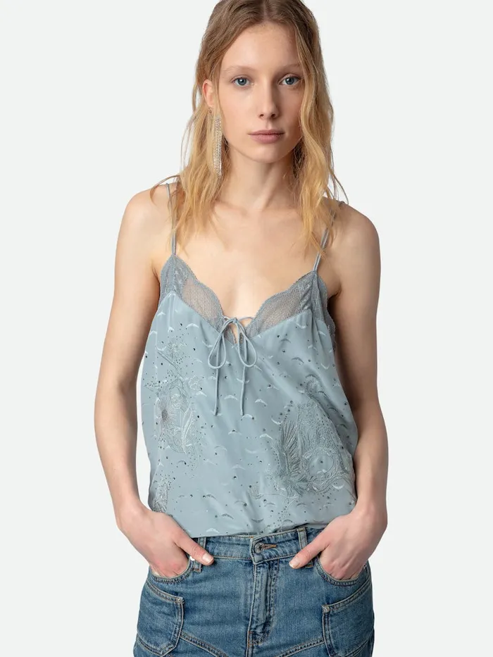 Women Zadig and Voltaire Tops and Shirts Capela Diamant Silk Jacquard Camisole Glacier