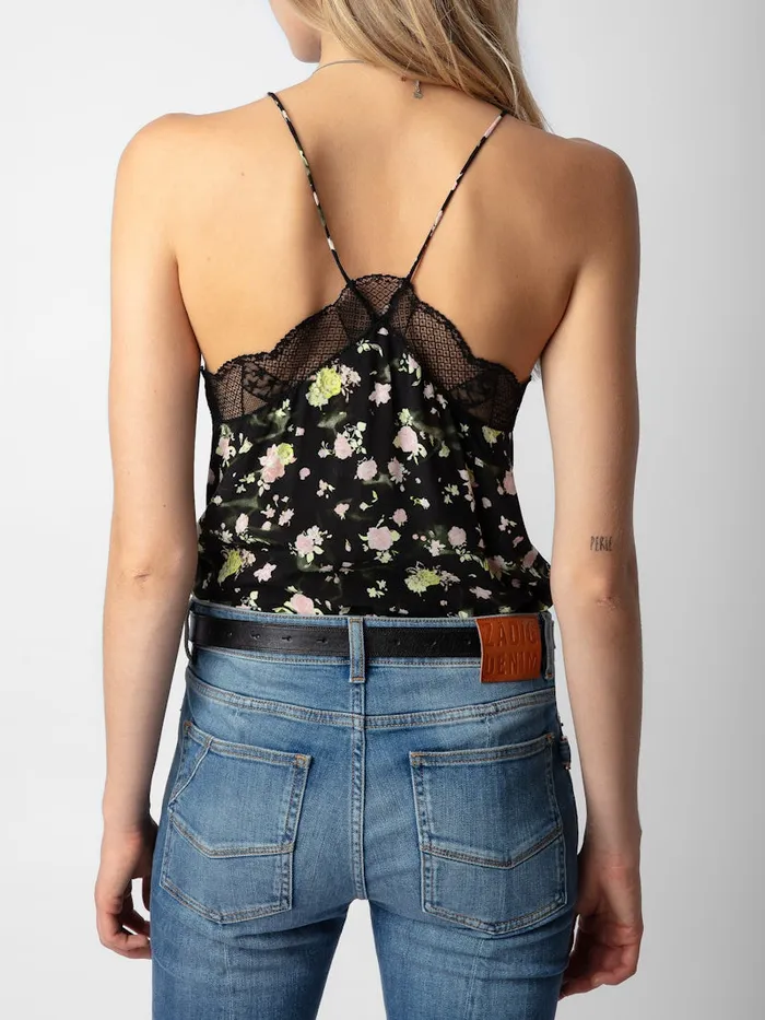 Women Zadig and Voltaire Tops and Shirts Christy Soft Crinkle Roses Camisole Black